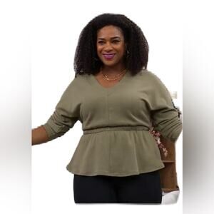 DG2 by Diane Gilman French Terry Dolman Sleeve Peplum Plus Size Olive Top 1X